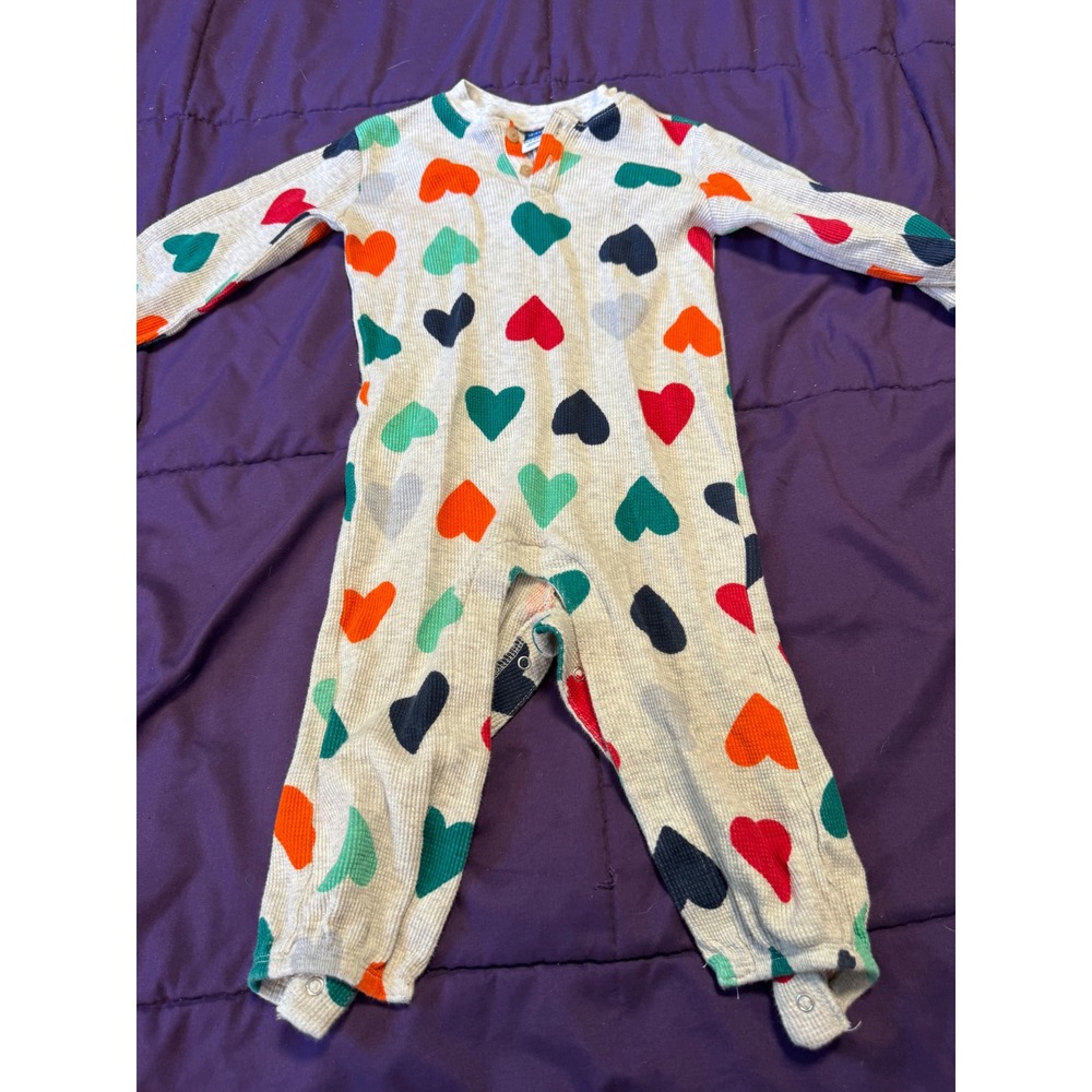 Old Navy Kids Heart Print Thermal Waffle Knit Henley Romper Grey 18-24M